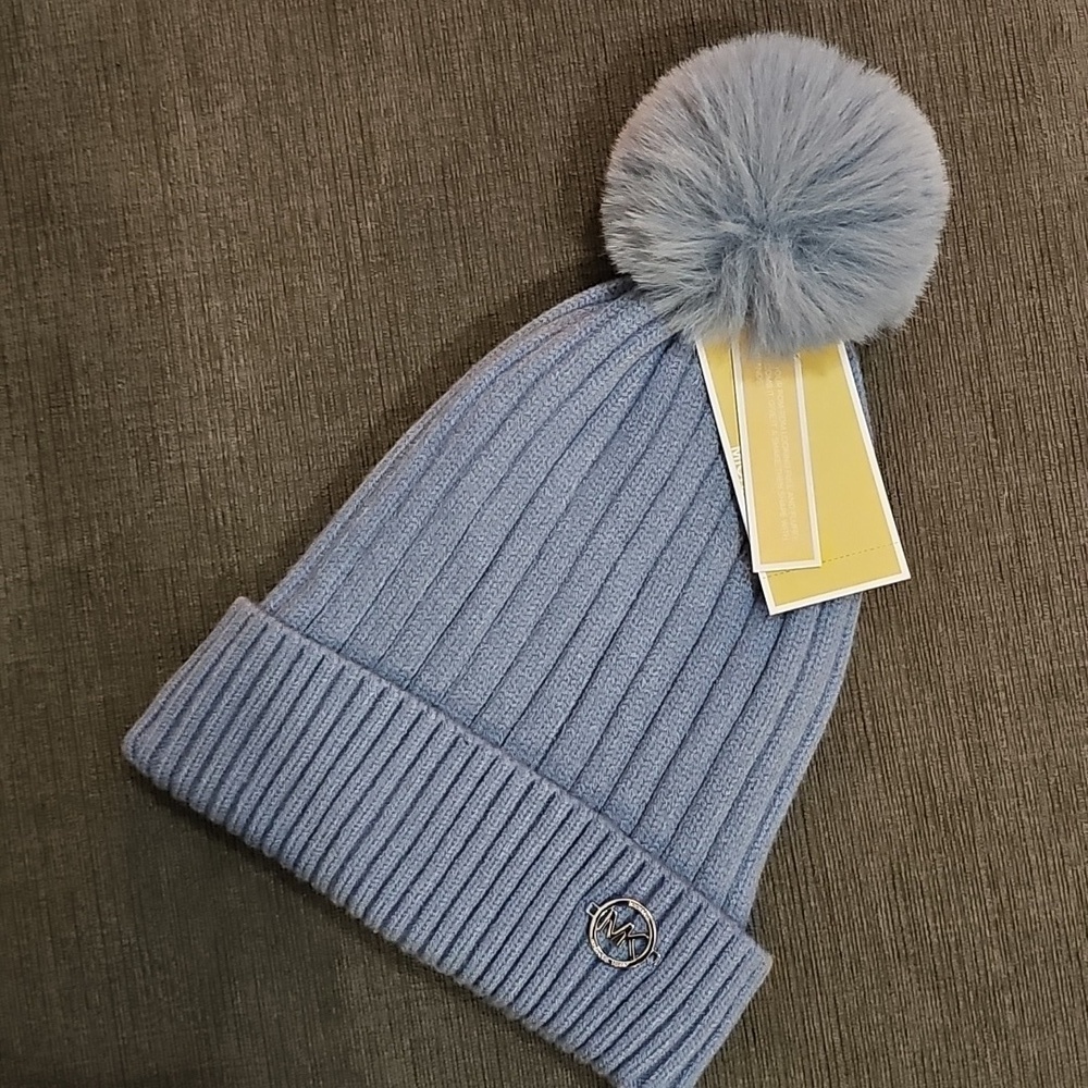 Michael Kors Cable Knit Fleece Lined Cuffed Pom Pom Winter Blue Beanie hat MK